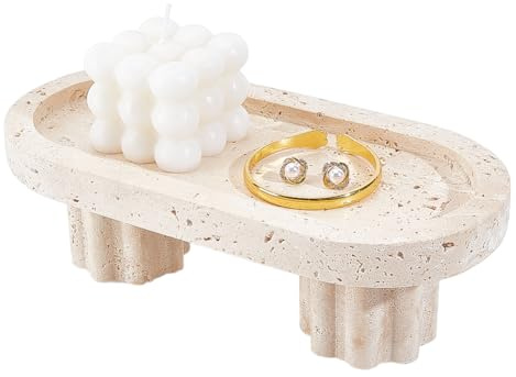 NBEADS Bandeja de servir de mármol de 24,7 x 11,9 cm, bandeja ovalada con 2 patas, decoración de piedra multiusos para tocador, joyas, velas, artículos esenciales para el baño, color lino
