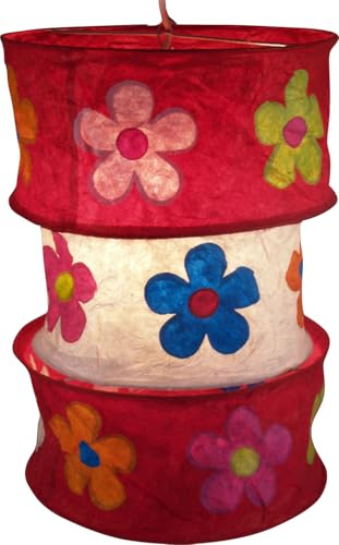 GURU SHOP Runde Boho Papier Hängelampe, Lokta Papierlampenschirm Lhasa, Handgeschöpftes Papier - Rot, Lokta-Papier, 42x28x28 cm, Asiatische Lampenschirme aus Papier & Stoff