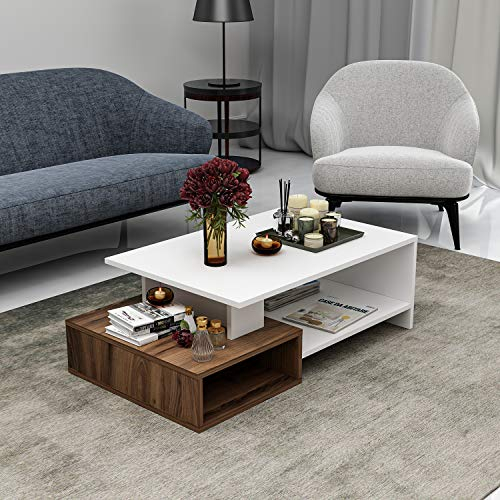 Homidea DUX Couchtisch - Weiß/Nussbaum - Moderner Wohnzimmertisch in trendigem Design mit extra Ablagefläche Holzwerkstoff