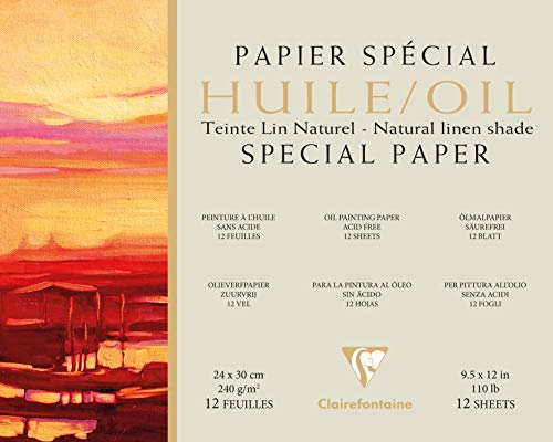 Clairefontaine 975823C - Un bloc encollé 1 côté de papier dessin Huile 12 feuilles 24x30 cm 240g, Lin naturel