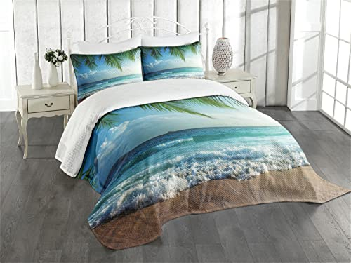 ABAKUHAUS Ozean Tagesdecke Set, Tropic Hawaiian Palms, Set mit Kissenbezug Mit Digitaldruck, für Einzelbetten 170 x 220 cm, Blau-grün-türkis