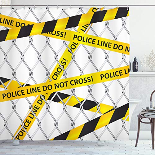 ABAKUHAUS Polizei Duschvorhang, Tatort-Bands, Stoffliches Gewebe Badezimmerdekorationsset mit Haken, 175 x 200 cm, Gelb und Schwarz