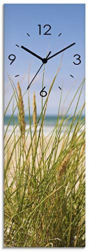 ARTLAND Wanddeko Wanduhr ohne Tickgeräusche Glas Funkuhr 20x60 cm Rechteckig Lautlos Strand Ostsee Meer Landschaft Düne Natur Maritim S9OJ