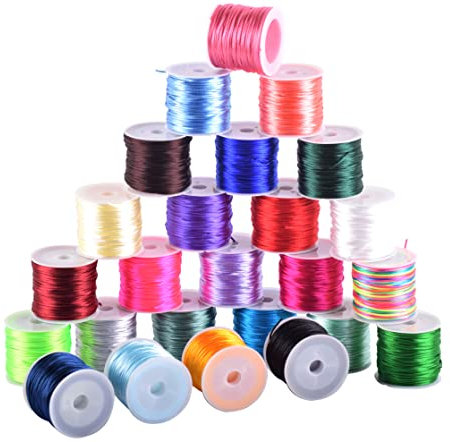 Konmay Rouleau de fil en satin de soie pour nœuds chinois, kumihimo, perlage, macramé, fabrication de bijoux - Assortiment de 25 couleurs - 523 m x 1 mm