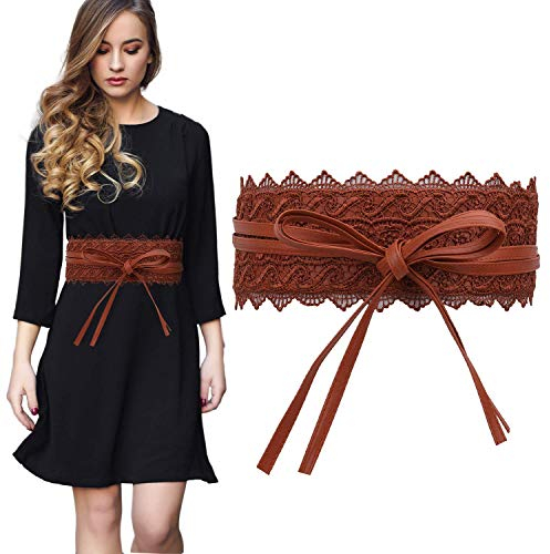 Trimming Shop Damen Taillengürtel Hohl Spitze Obi Gürtel Fliege Wrap Around PU Leder Cinch Bowknot Bund für Hochzeitskleider, tägliches Tragen, 100 mm breit, Breiter Schleifenbund, Braun