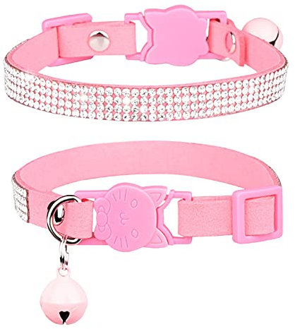 FUNAT Collier de Chat avec Strass avec Cloche, Collier de Chat Doux et Confortable en Microfibre, Collier de Chat avec Boucle de Sécurité tête de Chat