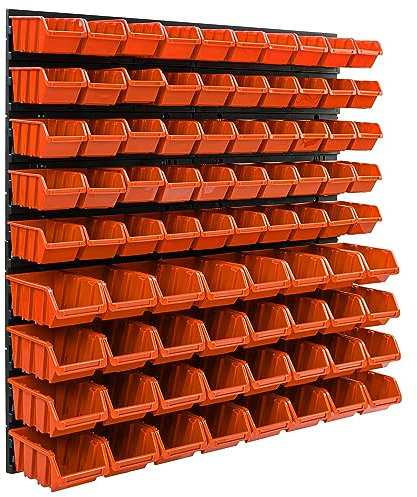 Panneau porte outils 77 x 78 cm et 82 caisses de rangement orange, etagère murale boites de rangement bacs a bec, système de rangement crochets a outils, supports, atelier, garage, banc de travail