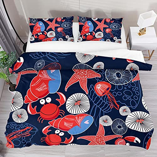 Marine-buntes Medusa-Bettwäsche-Set mit Reißverschluss, pflegeleichter Tenel-Stoff, 3-teilig (1 Bettbezug + 2 Kissenbezüge).