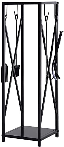 Outsunny Portalegna da Interno ed Esterno Salvaspazio in Metallo con Paletta, Scopino, Attizzatoio e Pinza, 34x34x111cm, Nero