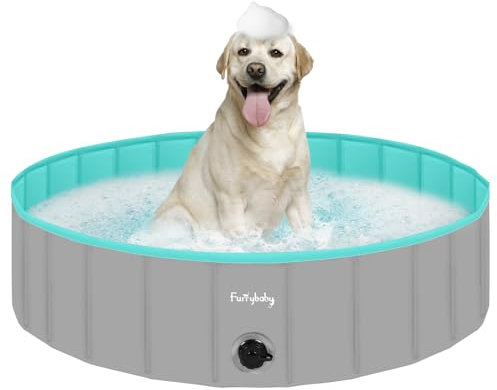 furrybaby Dog Paddling Pool for Dogs, Foldable Dog Pool for large dogs, Puppy Pool for Gardens with PVC, Non-Slip Base & Drain Plug, Grey, 120 x 30 cm