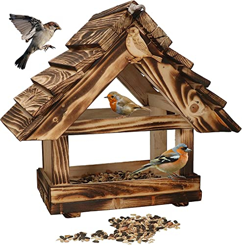 KOTARBAU® Mangiatoia per uccelli in legno bruciato da appendere + 0,5 kg di cibo gratuito.