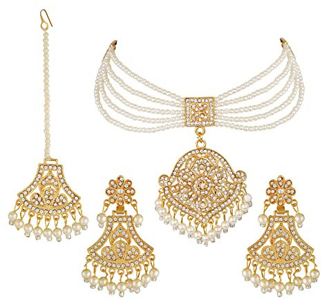Jwellmart Gold Polish CZ Stone Faux Pearl Jadau Jewelry Necklace Earrings Maang Tikka Set Jewellery for Women