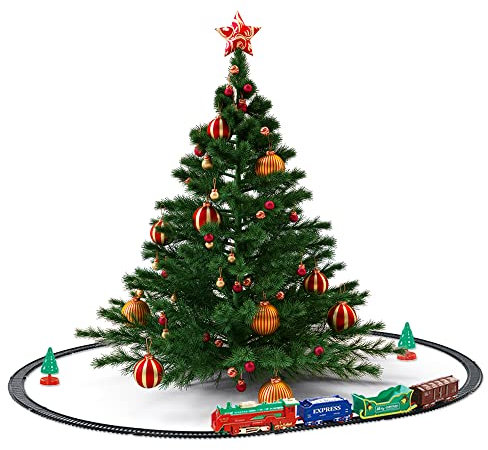 Tren de Navidad Electrónico Tren Decoración de Árbol de Navidad Clásico Tren de Navideño de Papá Noel con 3 Vagones 12 Vías 2 Adornos Funciona con Pilas Alrededor del Árbol de Navidad Novedad Regalo
