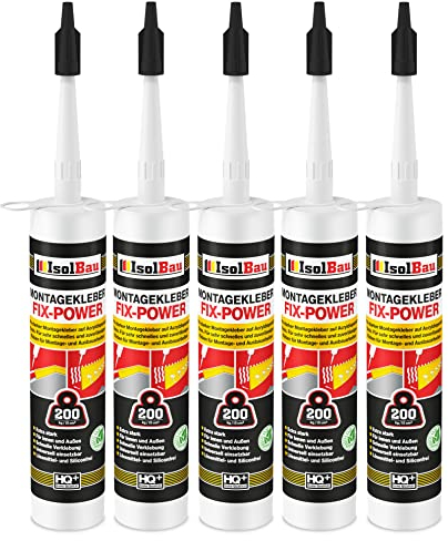 Isolbau Montagekleber Fix-Power - 5 x 480 g Styroporleber, Kraftkleber, Alleskleber, Baukleber für Innen- & Außenbereich - 200 kg / 10 cm - Weiß