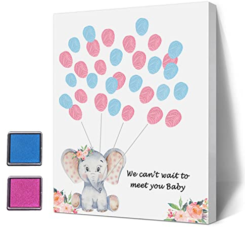 Sirjiera Baby Shower Gästebuch Fingerabdruck Baum Leinwand Baby Shower Gästebuch Fingerabdruck Gästebuch Geschlecht Enthüllung Dekoration Elefant Thema