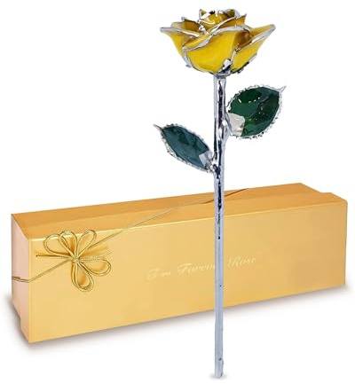 Forever Rose Gelbes Platin, eine unvergängliche konservierte Rose mit schöner gelber Farbe, handgetauchte Rose und mit Platin getrimmt, romantisches Geschenk für Damen und Herren