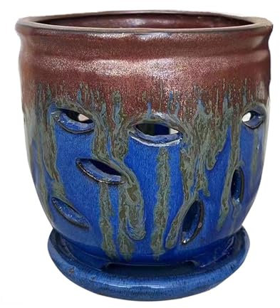 Large 6inch Ceramic Orchid pots with Holes, Flower Pot with Saucer for Indoor Plants Home Decorative, Round Planter (Blue+Golden Brown)