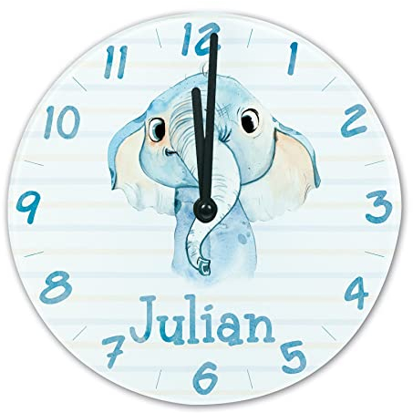 timalo® Wanduhr Tiere Kinderzimmer personalisiert mit Namen | Geschenk Uhr für Kinder mit süßen Tiermotiven | Elefant glasuhr-t-03