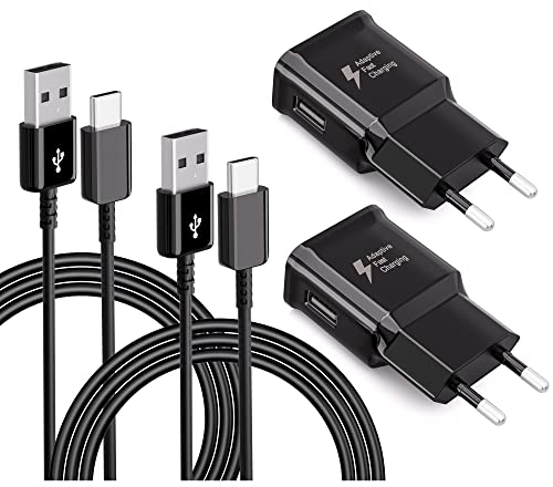 Caricatore Rapido Originale di Tipo C, con cavo di Ricarica USB di Tipo C per Samsung Galaxy S8, S8 Plus, S9, S9 Plus, S10, S10 Plus, S10e, A12e, A50, A51, A40, Z Flip2, Z Flip3 (2 Confezioni/Nero)