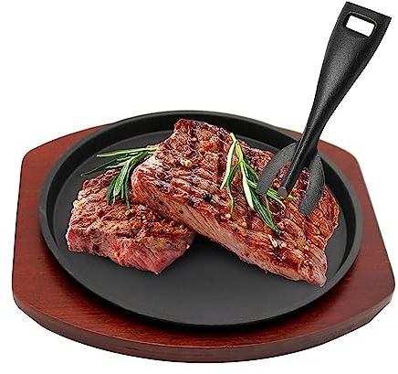 VIKKSAER Piatto da bistecca in ghisa, server frizzante per fajita con base in legno e pinza per piastra calda, accessorio da cucina per ristorante e casa