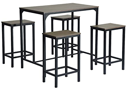 buybyroom 5er Bartisch Set, Esstisch mit 4 Barhockern 100x60x90cm Bartisch mit Barhocker 30x40x65cm Küchentisch Küchenstühle, Braun