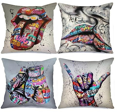 Tucocoo Deko-Kissenbezüge, 45 x 45 cm, 4 Stück, Lippen, Graffiti, ausstreckende Zunge, dekorative Kissenbezüge, für Paare, küssende Kissenbezüge, Moderne Dekoration, Heimdekorationen für Couch