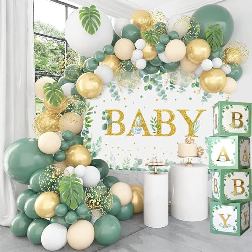 125pcs Decoración Baby Shower Verde Salvia, Cajas Bebé Verde Salvia con Globos Oro Verde y Telón de Fondo de Bebé Verde para Baby Shower Niño y Niña, Fiesta Safari Cumpleaños, Revelación de Género