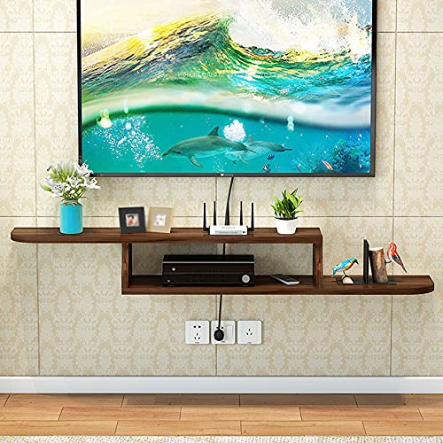Meuble TV Flottant, Panneau Multicouche en Bois Massif Routeur WiFi Set-Top Boxes Étagère de Rangement Multimédia, pour Salon Chambre/Noyer Foncé / 100cm