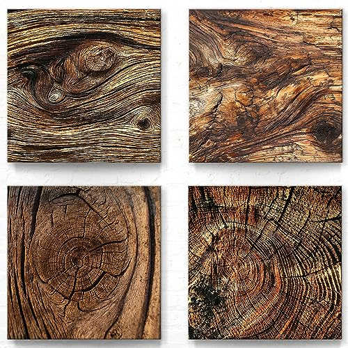 Moderne Deko Bilder für Wohnung und Büro als Leinwandbilder im 4er Set A - 40x40cm je Wandbild. Das Bilder-Set A mit zeitlosen Holz Motiven wird aufhängefertig an Sie versandt