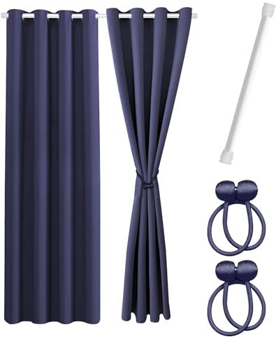 Cozyor Praktisches Set ohne Bohren: 2X Vorhang + 1x Klemmstange 70-120 cm + 2X Raffhalter mit Magnet Blickdicht & verdunkelnd, als Raumteiler, Fenster & Tür Blau Thermovorhang 175x135cm