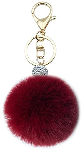 Xsclpomddy Pom Pom Schlüsselbund künstliche weiche Kaninchenhaar Taschenanhänger Ball Silber. Wasserkristall.Schlüsselanhänger für Handtasche Auto Anhänger Dekoration,wine red