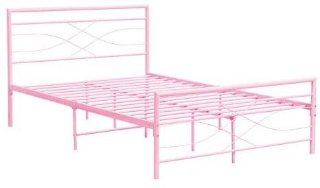 Panana Small Double Metal Bed Frame with Headboard and Footboard, Underbed Storage Space(4FT,Pink)