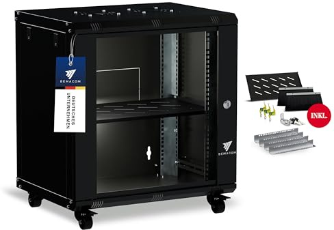 Bemacom Netzwerkschrank 19 Zoll Serverschrank Pro Serie 12HE, Server Rack für Wandmontage EDV Schrank 19 Zoll Gehäuse mit Traglast 60kg, 600x450x607 mm Schwarz, mit Glastür + abschließbar RAL 7005