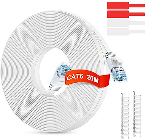 GLCON 20m Flat Cat6 Ethernet Cable, RJ45 1000Mbps 250Mhz High Speed Internet for Xbox, PS4, PS5, Switch, Router, Modem