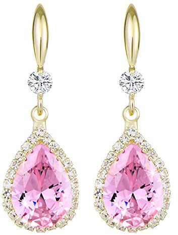 Linawe 14K Gold Pink Imitation Diamond Dangle Earrings for Women Mom, Wedding Drop Earrings Bride Bridesmaids, Rhinestone Cubic Zirconia Crystal Birthstone Chandelier Earrings