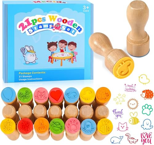 MeCids Stempel für Kinder, 21Pcs Holz Stempel Set, Tier Stempel Stern Regenbogen Nette Muster Stempel für Kinder Geburtstagsgeschenk Party Gunst