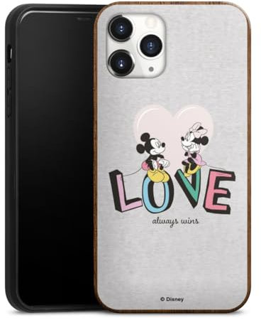 Holz Case kompatibel mit Apple iPhone 11 Pro Walnuss Handyhülle Echtholz Hülle Mickey & Minnie Mouse Liebe Disney