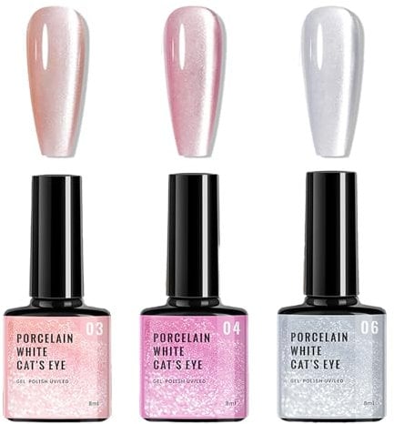 Cat Eye Gel Nail Polish Set 3 Colours Nude Pink Silver 9D Jelly Cat Eye Gel Polish Set Magnetic Gel Nail Kit Soak-Off UV/LED, Holographic Glitter Crystal Gel Nail Polish for Nail Art Salon DIY Home