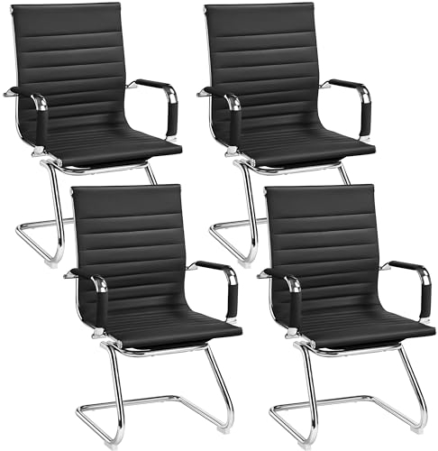 Yaheetech 4 Stück Esszimmerstühle Küchenstuhl mit Armlehnen, Besucherstuhl mit Chromgestell, Freischwinger aus PU, Konferenzstuhl für Esszimmer Schlafzimmer Wohnzimmer Schwarz