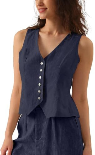 Amazhiyu Gilet de costume en lin pour femme - Sans manches - Col en V - Court - Boutonnière - Coupe ajustée - Bretelles réglables, bleu, S