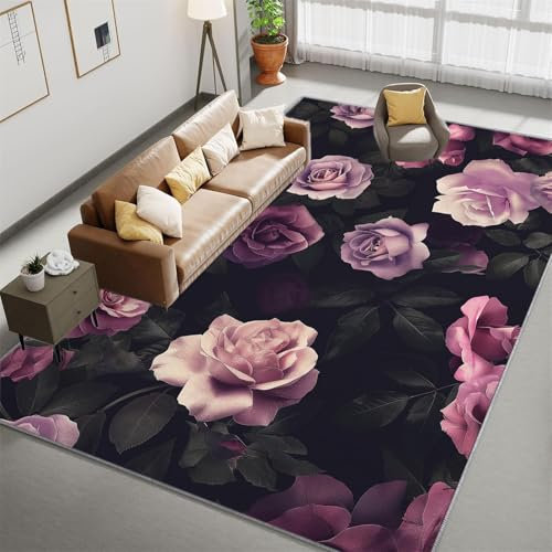 Teppich 180x240 cm rutschfest Waschbar Teppich, Vintage-Rosenmuster Druck Dekoration Teppich für Schlafzimmer Wohnzimmer, Lila Kurzflor Flanell Teppich Kinderteppiche