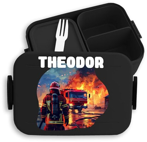 Bento Box Midi Lunchbox Mepal Bentobox - Feuerwehrmann mit Name | Feuerwehr Brotdose | Feuerwehr Geschenke für Kinder Personalisiert - 900 ml - Schwarz - krippen brotzeitbox feuerwehrauto kita