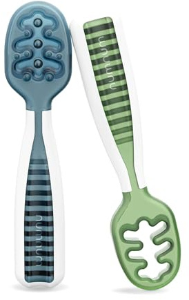 NumNum GOOtensils Esslernlöffel Baby 2er Blau/Grün - Beikost Löffel 6+ Mon | Patentiertes Flaches Design Für Babylöffel Zum Selber Essen, Silikon Beikost Löffel, Zahnungshilfe, Spülmaschinenfest