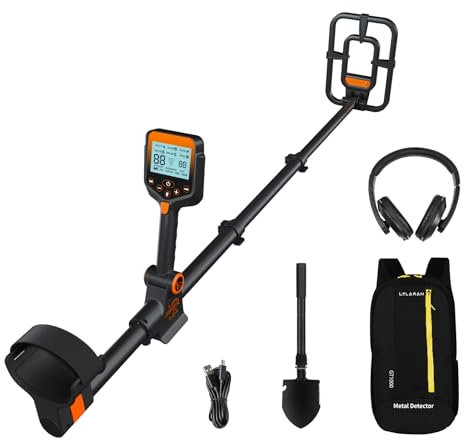 LOLARAN Metalldetektor für Erwachsene - Wiederaufladbarer Akku, faltbar, wasserdichte Suchspule, inklusive Schaufel, Rucksack, Kopfhörer, professionelles Design mit blau beleuchtetem LCD, Orange