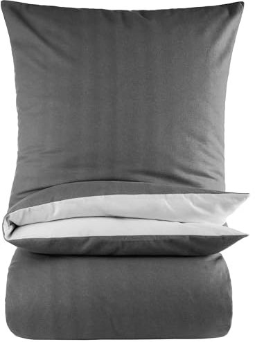 BaSaTex Biber Uni Bettwäsche Set - Bettbezug 155x220 + 80x80 Kissenbezug - kuschelige warme Winter Flausch Bettgarnitur - Anthrazit Silber