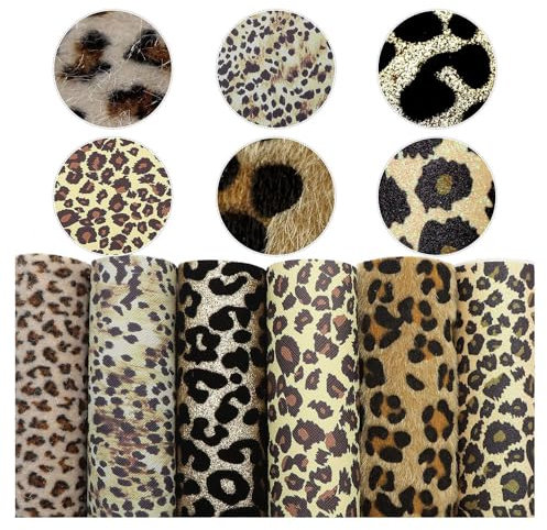 BrightGlow 6 Stück Leopard Printed Kunstleder Stoff 20 x 33 cm Bündel Lederblätter Leoparden Stoff Meterware Glattes Leopardenmuster Kunstleder-Stoffbögen für Schleife Ohrringe DIY Handwerk