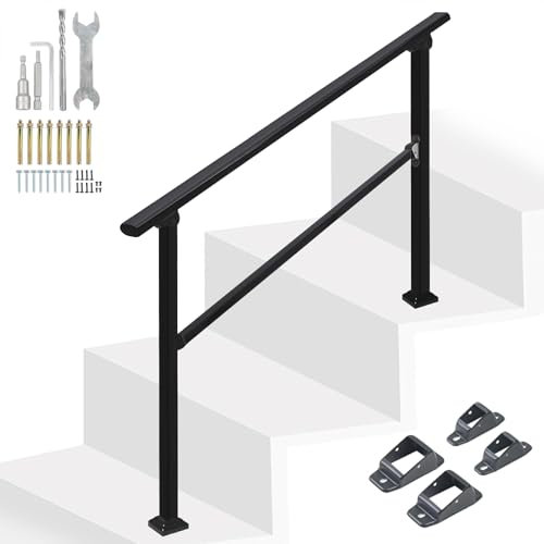 YedZen Treppengeländer Handlauf, 102cm Kohlenstoffstahl Handlauf für 1-3 Stufen mit 2 Pfosten, 1 Querstreben, Winkelverstellung Außen und Innen Eingangsgeländer Übergangshandgeländer Shwarz Handläufe