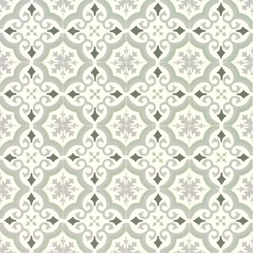 Sol Vinyle Textile économique - Effet Carreaux de Ciment arabesques - Vert et Gris - Rouleau de 4m x 2m