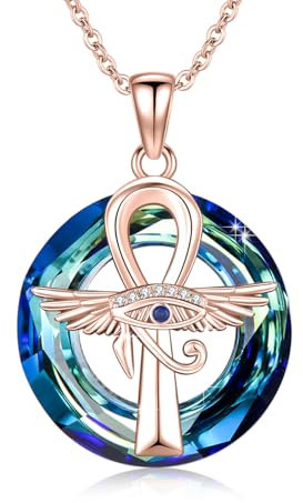 ABIGY RoseGold Ankh Kette 925 Sterling Silber Auge des Horus Anhänger Halskette Ägyptisches Kreuz Anhänger mit Kristall Engel Flügel Kreuz Schutz Halskette Ägypten Schmuck Geschenk für Damen Mutter