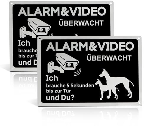 2 Stück Schild Videoüberwachung, Achtung Hund Schild Achtung, 30 * 20cm Aluminium Hinweisschild Videoüberwachung Privatgrundstück, Außen Warnschild Videoüberwachung Aufkleber（Schwarz）